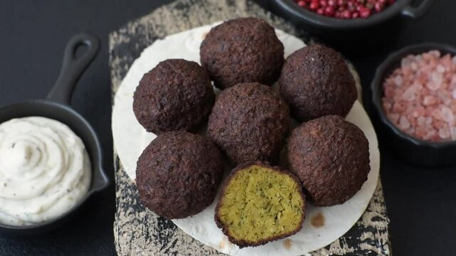 Fried chickpea falafel balls with salt, spices and herbs. Vegetarian and vegan dish