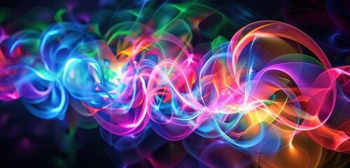Colorful neon light abstract background with swirling waves and glowing lines.