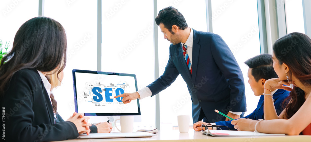 Aufkleber seo search engine optimization for modish e-commerce and online retail business showing on computer 