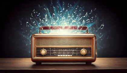 Wallpaper with vintage radio from the 1950s playing music