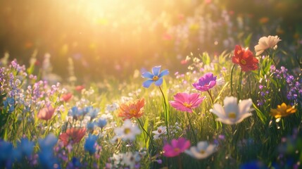 Obraz premium A breathtaking spring meadow scene with fresh green grass and colorful flowers illuminated by sunlight