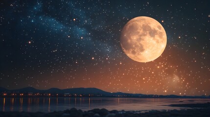 Naklejka premium A background of a starry night sky with a bright full moon and constellations.