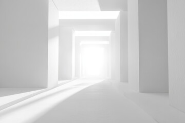 White corridor, sunlight, architectural, interior, design, 3D render, bright, hallway, hope, future