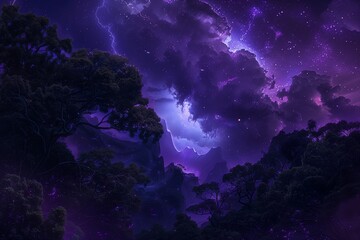 A purple night sky with dark clouds, lightning, and stars illuminating the dense forest below.