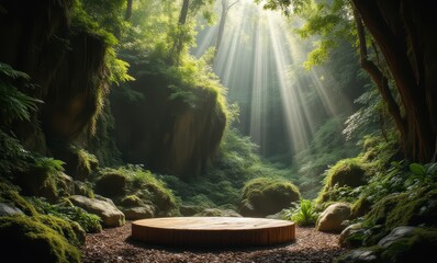 Serene forest scene with sunlight beams