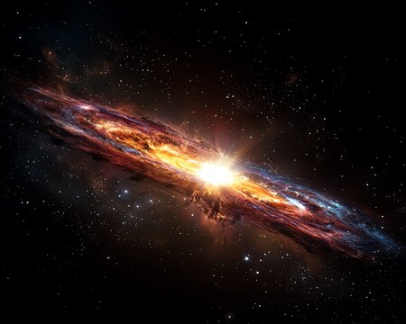 Irregular galaxy with multicolored gas formations, chaotic star patterns, plasma streams, cosmic energy bursts