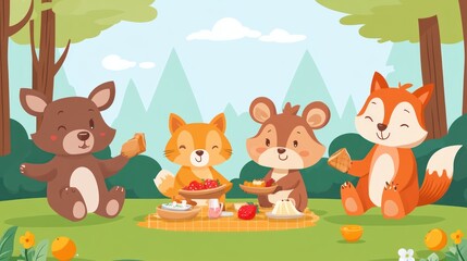 Cute woodland animals enjoying a picnic in a lush forest.