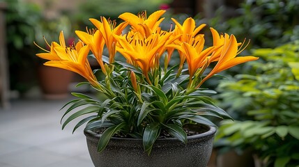 Vibrant orange lilies in a dark gray pot.