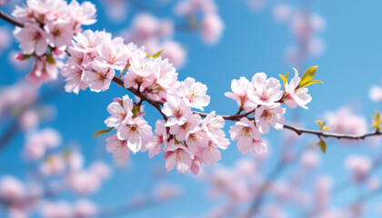 Obraz premium Close-up of pink cherry blossoms against a bright blue sky