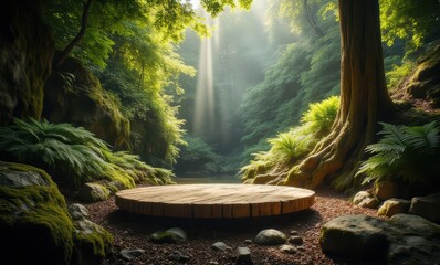 Serene circular platform in lush forest