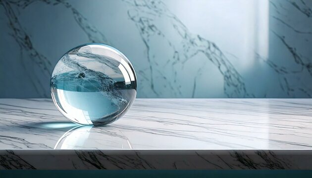 Concepto minimalista de una esfera de cristal sobre una mesa de m&aacute;rmol blanco, AF