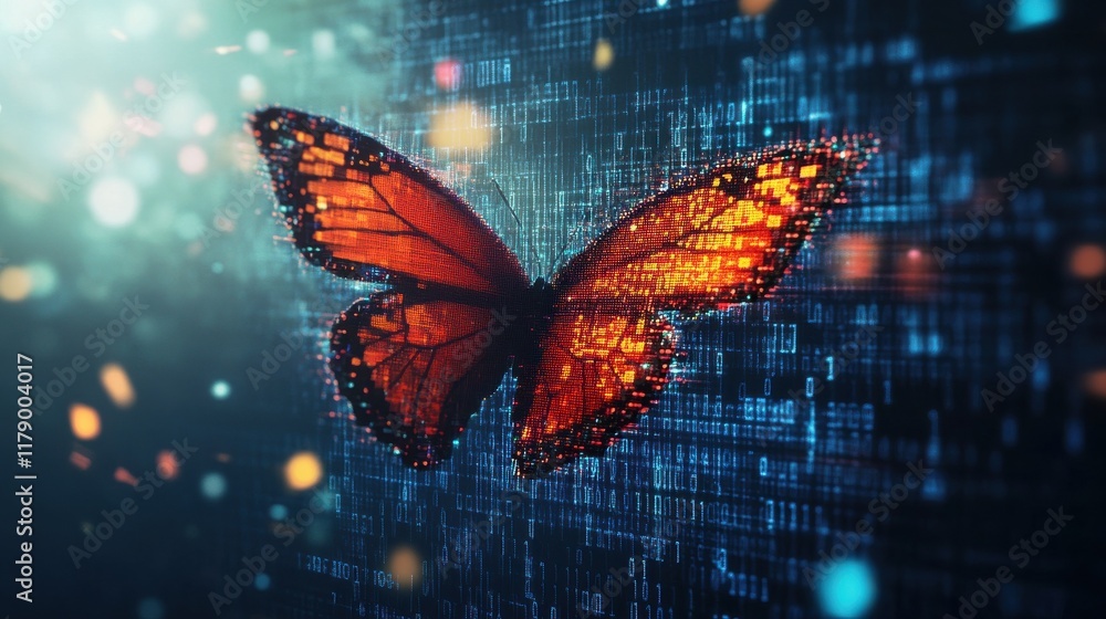 Poster the concept of digital transformation with a pixelated butterfly emerging from binary code, symboliz