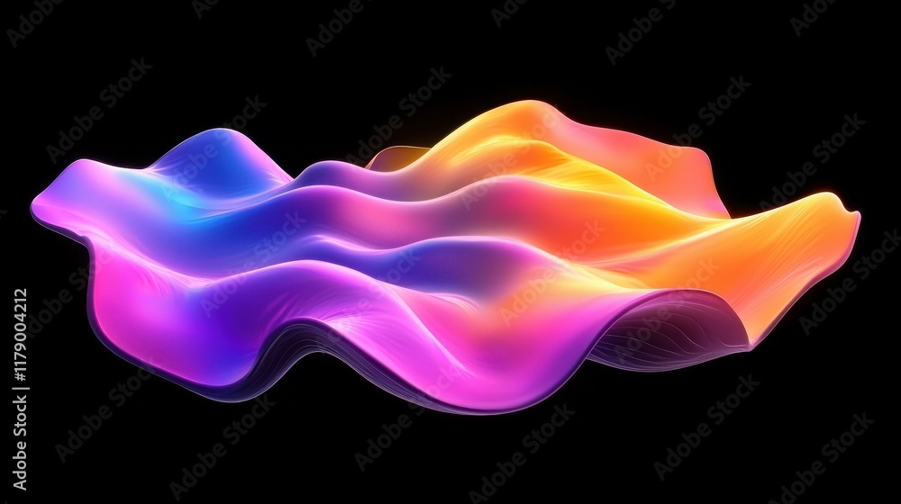 Poster abstract fluid iridescent holographic curved wave in motion colorful gradient design on black backgr