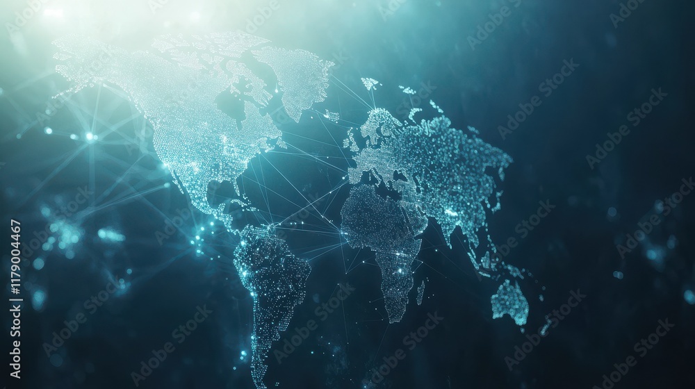 Poster light blue background with a digital world map and global network connections, representing the conc