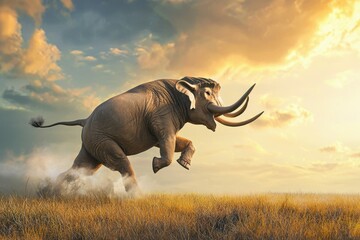 Fototapeta premium A powerful scene of a bull elephant charging with its ears flared and trunk raised. 