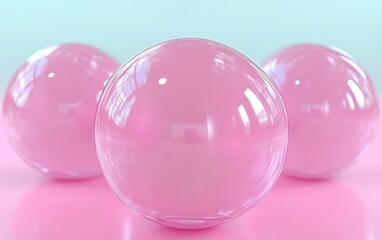 Three glossy pink spheres on pink background.
