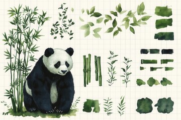 Naklejka premium Watercolor illustration of a panda surrounded by bamboo and leaves, showcasing nature's beauty.