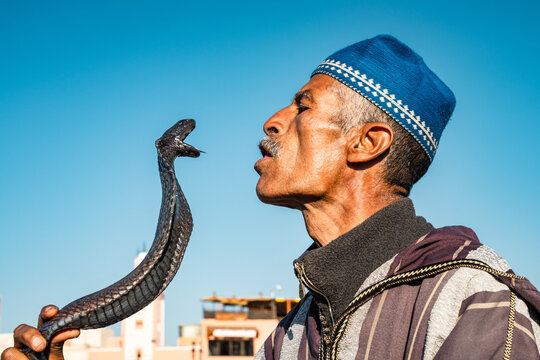 Old moroccan man face to face with a cobra snake, Marrakesh, Morocco