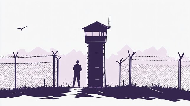 Silhouette of a guard standing near a watchtower and barbed wire fence. Concept of imprisonment, confinement, and restricted freedom.