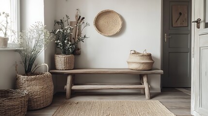 A rustic entryway with a wooden bench woven baskets and muted tones