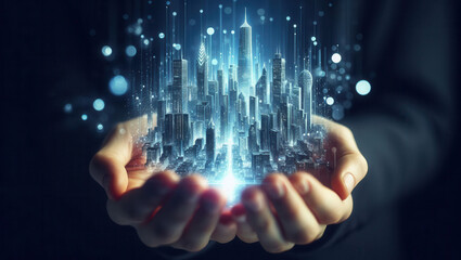 Innovative cityscape visualization hands holding miniature skyline digital art futuristic close-up