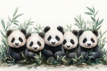 Fototapeta premium A charming illustration of five playful panda cubs surrounded by bamboo.
