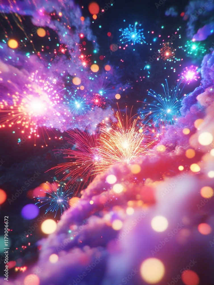 Poster many multicolored fireworks exploding in the sky at night