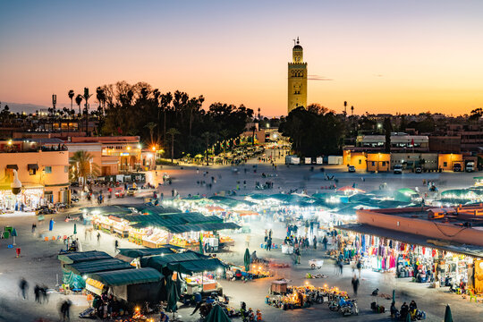 Djemaa El Fna square at dusk, Marrakesh, Morocco