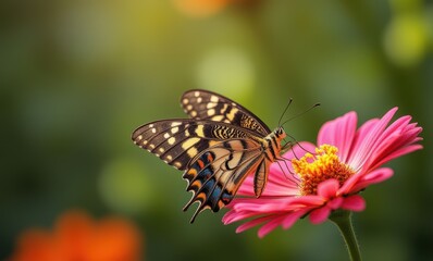 Colorful butterfly perched on pink flower