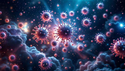 High-tech 3D HMPV particles floating in space, illuminated by soft light beams