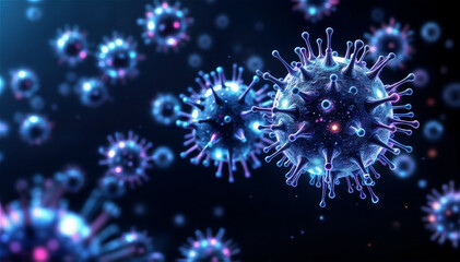 Conceptual 3D HMPV virus hovering over molecular diagrams and futuristic data streams