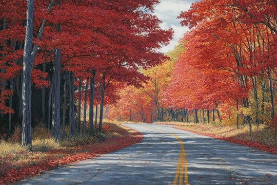 Scenic autumn road, vibrant foliage, winding path, fall colors, countryside landscape, travel poster
