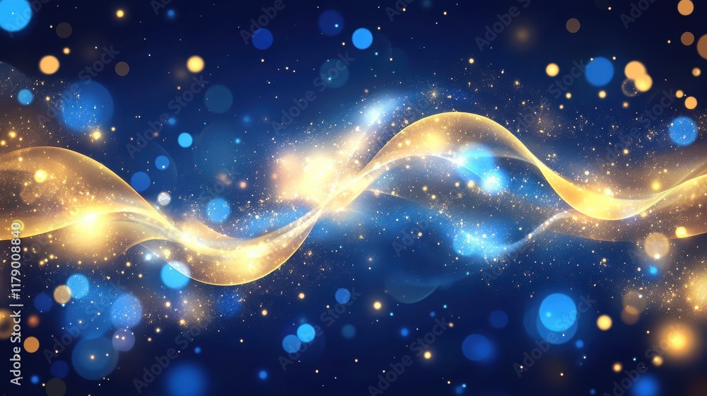 Poster a mesmerizing abstract image featuring golden bokeh lights intertwined with blue sparkles. the soft 
