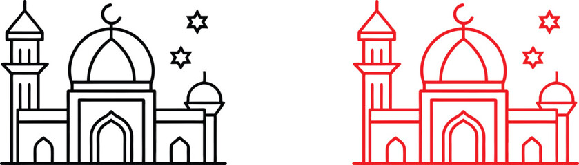 Mosque icon, circular design, minimalist illustration, black and red versions, Islamic architecture, domed roof, minarets, arched entrance, symmetrical composition, line drawing, geometric shapes, sim