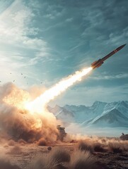 Fototapeta premium A powerful rocket is soaring upward, leaving behind a trail of flames and smoke. The setting features rugged mountains and a dramatic sky, highlighting the intensity of the launch