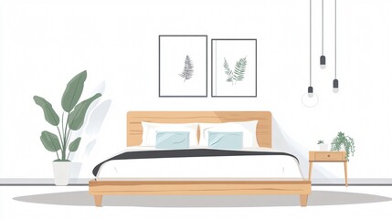 Cozy Minimalist Bedroom Interior Design: Wooden Bed, Hanging Lamps, Indoor Plants