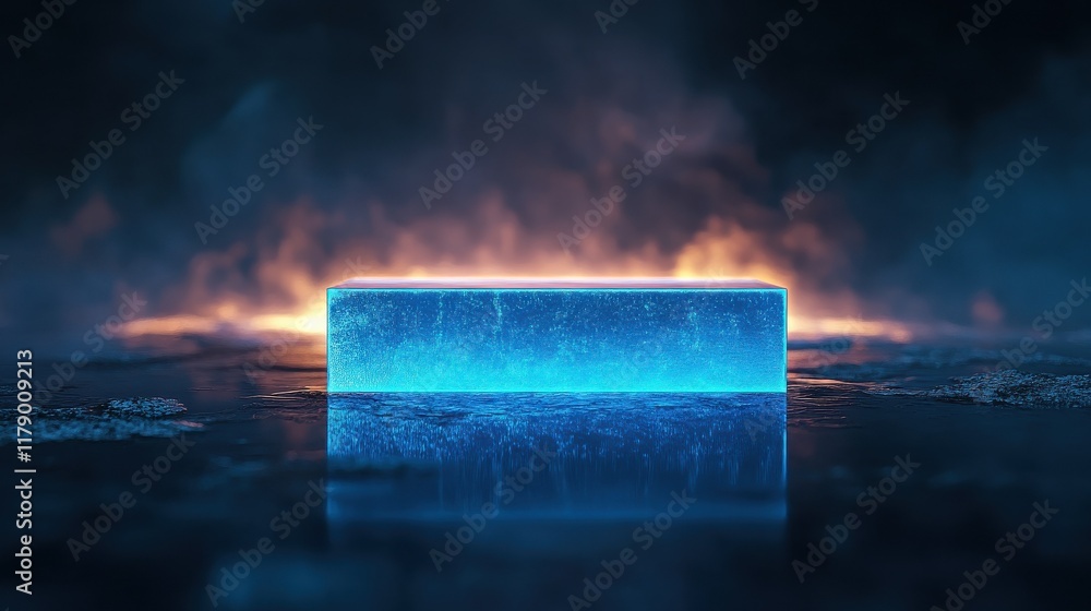 Poster an abstract image of a glowing blue rectangle with light rays emanating from its perimeter against a