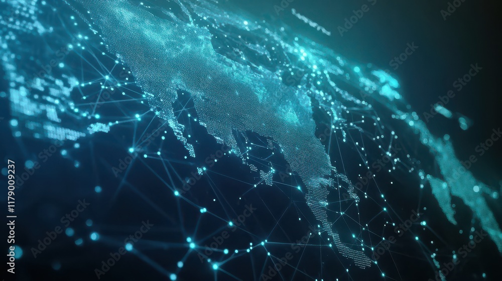 Poster light blue background with a digital world map and global network connections, representing the conc