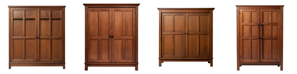 Elegant and spacious wooden wardrobe cabinets in a cozy bedroom interior  The traditional furniture design features multiple doors and drawers for ample storage and organization