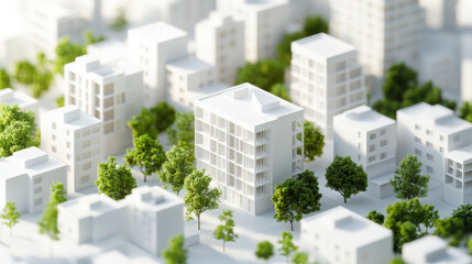 Modern architectural model of cityscape with white buildings and greenery. This detailed miniature showcases urban planning and design concepts, emphasizing sustainability and space
