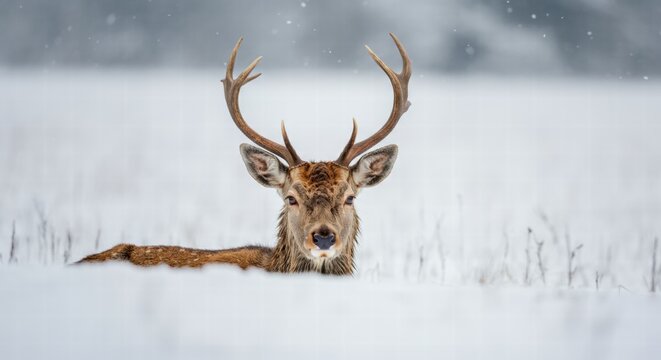 Majestic deer resting in snowy field with antlers in winter scene