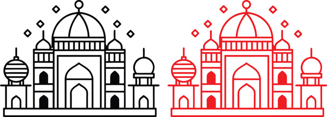 Fototapeta premium Mosque icon, circular design, minimalist illustration, black and red versions, Islamic architecture, domed roof, minarets, arched entrance, symmetrical composition, line drawing, geometric shapes, sim