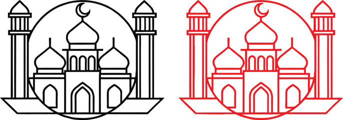 Mosque icon, circular design, minimalist illustration, black and red versions, Islamic architecture, domed roof, minarets, arched entrance, symmetrical composition, line drawing, geometric shapes, sim