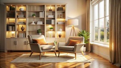 Fototapeta premium Cozy Living Room Interior Design Mockup: Long Exposure of Armchair, Bookshelf & Cabinet