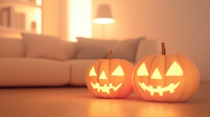 holidays, decoration and party concept - blurred home room with jack-o-lanterns or pumpkins on sofa and halloween decorations
