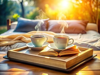 Cozy Morning Breakfast in Bed: Tea, Coffee, Book & Wooden Tray