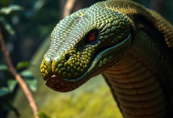 A detailed close-up of Titanoboa's head and upper body, highlighting its enormous size and predatory features. The snake's scales are textured with intricate patterns