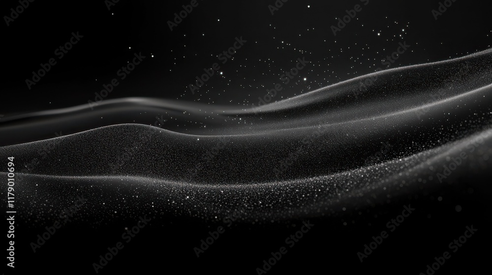 Poster black matte textured background with floating dust particles illuminated by soft light in the top ri