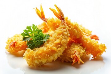 Crispy Golden Tempura Shrimp Close-Up: Delicate Breading & Vibrant Orange Tails on White