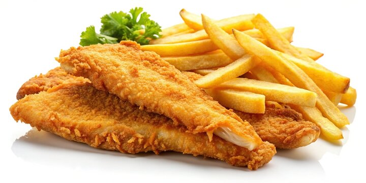 Crispy Catfish Fillets & Homemade French Fries &acirc;&euro;&ldquo; Isolated White Background Stock Photo